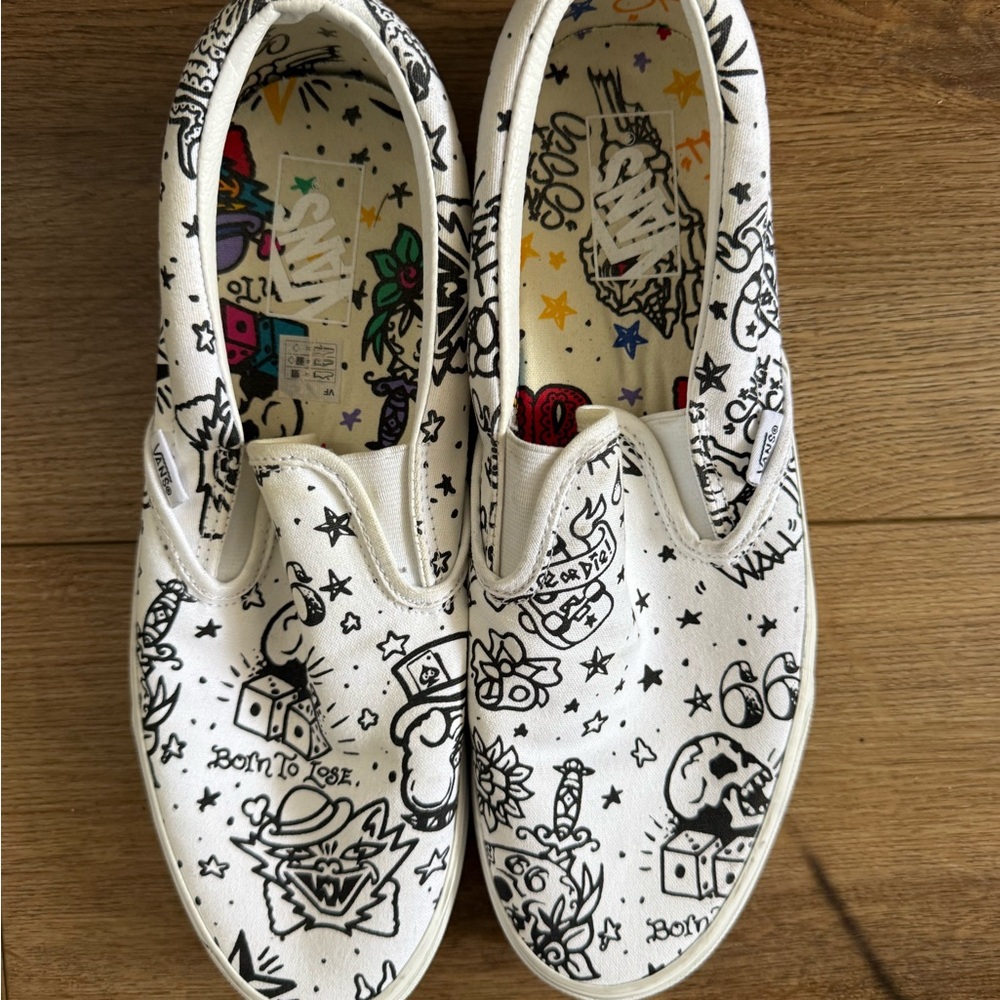 Vans White Black Graphic Slip-On Sneakers
